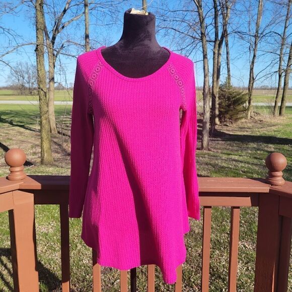 Faded Glory Pink Long Sleeve Round Neck Lace Insert Waffle Knit Tunic Top Size M - Picture 1 of 14